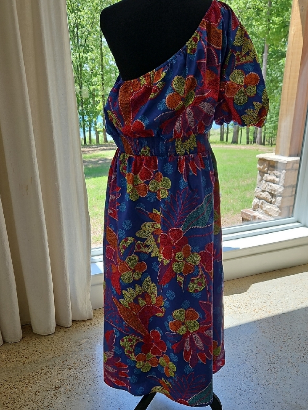 Sugarlips Blue Floral One-Shoulder Dress. Size L - Picture 2 of 3